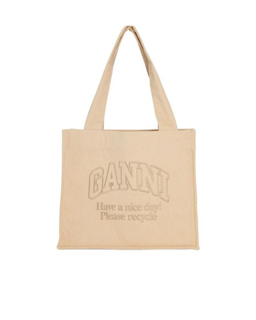 Ganni Natural Logo Embroidered Open Top Tote Bag