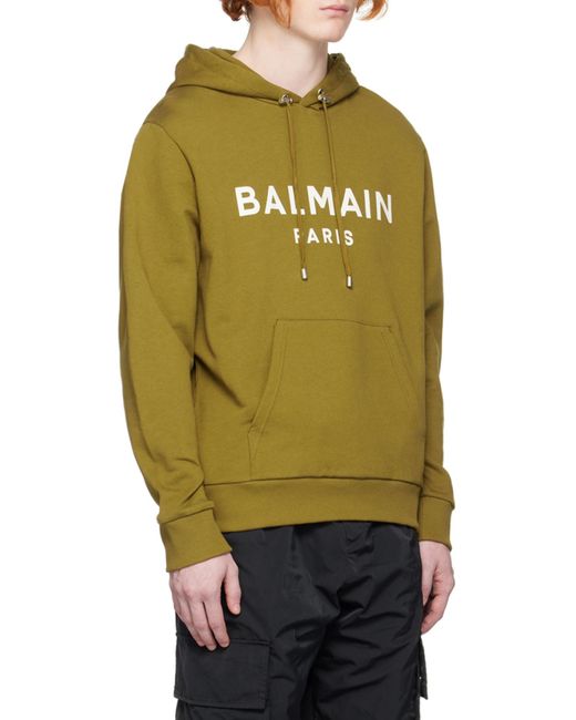 Balmain Green Logo Printed Drawstring Hoodie for men