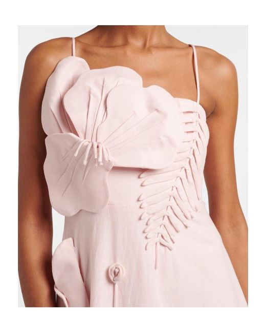 Farm Rio Pink Floral-Appliqué Linen-Blend Midi Dress