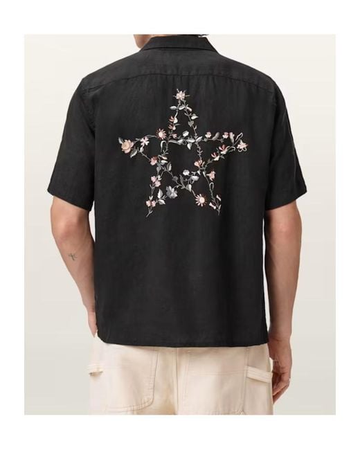 AllSaints Black Wilder Logo-Embroidery Short-Sleeve Shirt for men