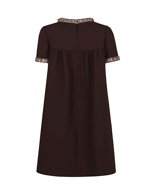 Valentino Brown Embellished Crewneck Short-Sleeved Mini Dress