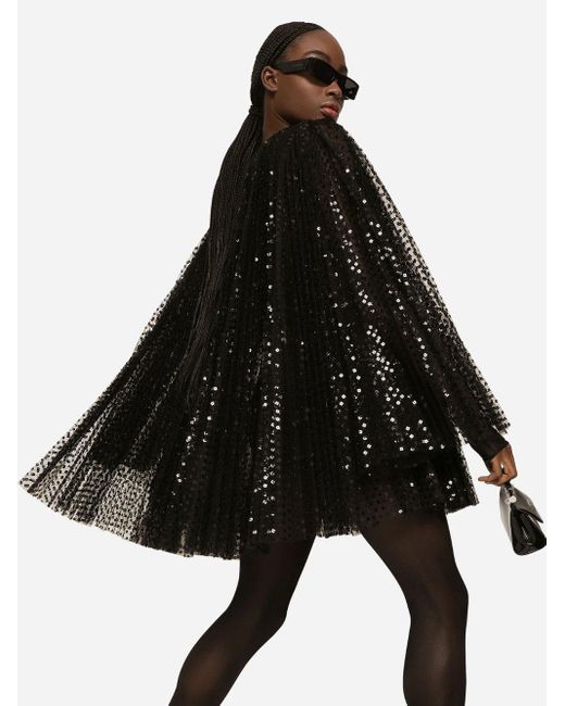 Dolce & Gabbana Black Short Pleated Dress With Full Sequined Sleeves