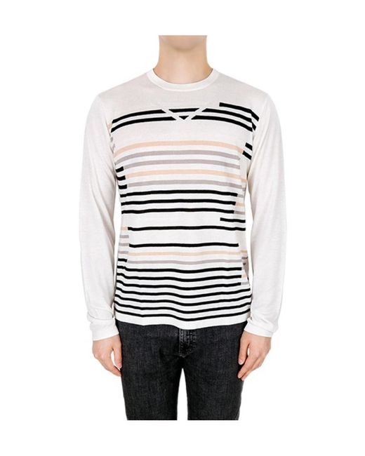 Armani Collezioni White Striped Pullover Round Neck Sweater for men