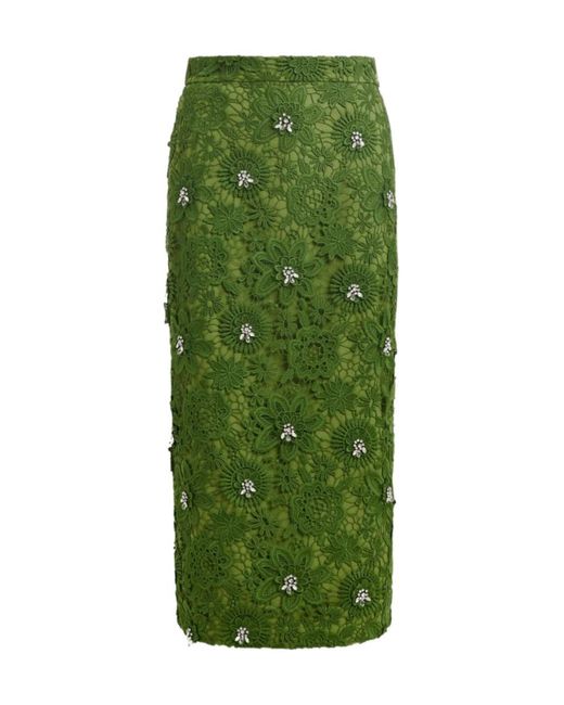Essentiel Antwerp Green Floral Lace Pencil Skirt With Rhinestone Embellishments