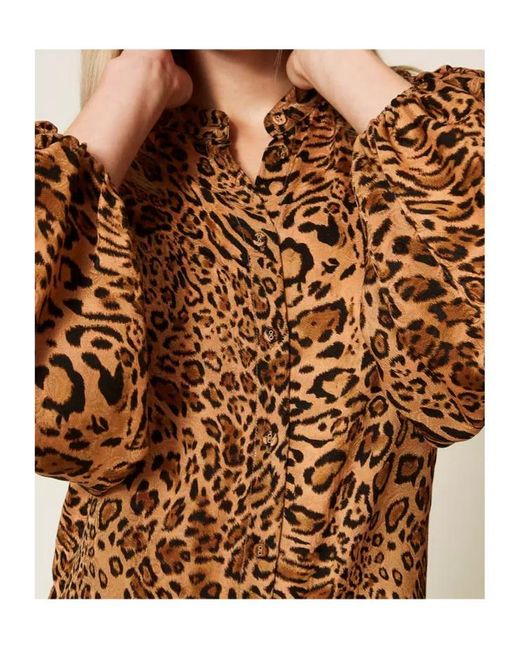 Twinset Brown Leopard-Print Mock-Neck Shirt