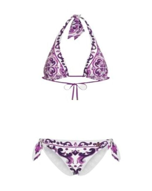 Dolce & Gabbana Purple Majolica-Printed Triangle Bikini Set