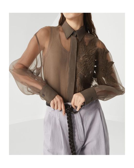 Brunello Cucinelli Brown Herbarium Appliqué Crispy Satin Shirt