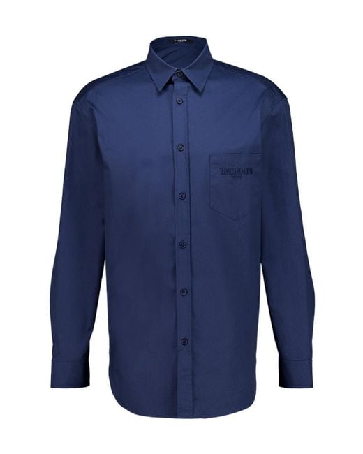 Balmain Blue Logo-Embroidered Chest-Pocket Shirt for men
