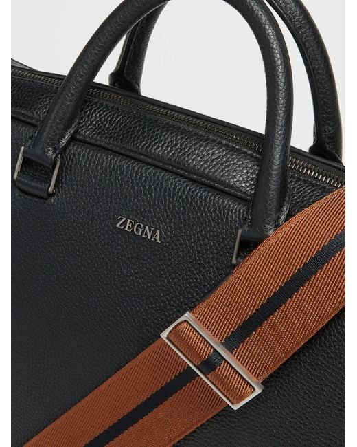 Zegna Black Edgy Logo-Lettering Leather Briefcase for men