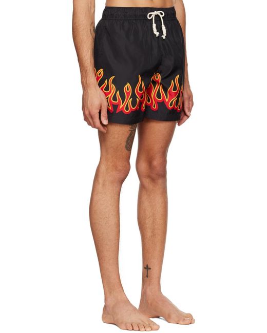 Palm Angels Black Flame-Printed Drawstring Swimming Trunks for men