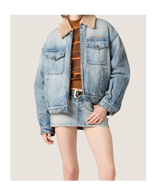 Miu Miu Blue Denim And Shearling Trucker Jacket