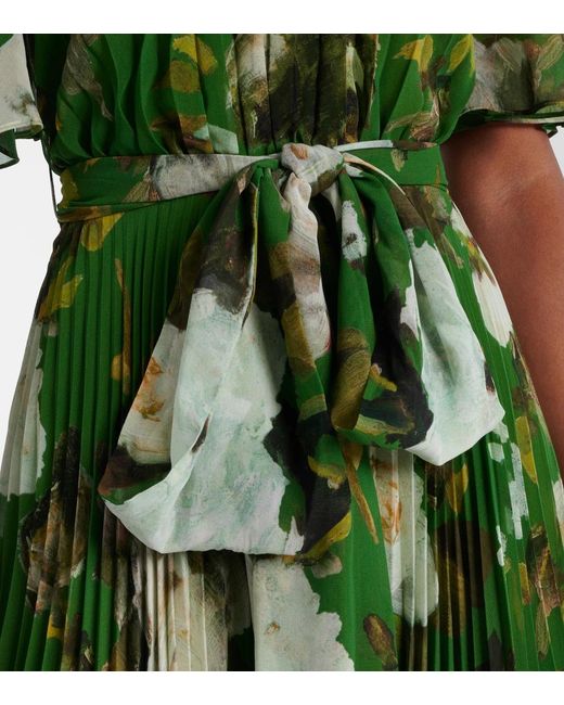 Erdem Green Floral Pleated Midi Dress