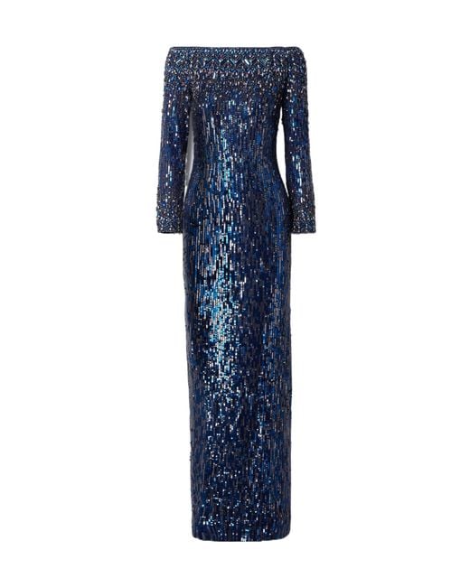 Jenny Packham Blue Off-The-Shoulder Sequin Gown