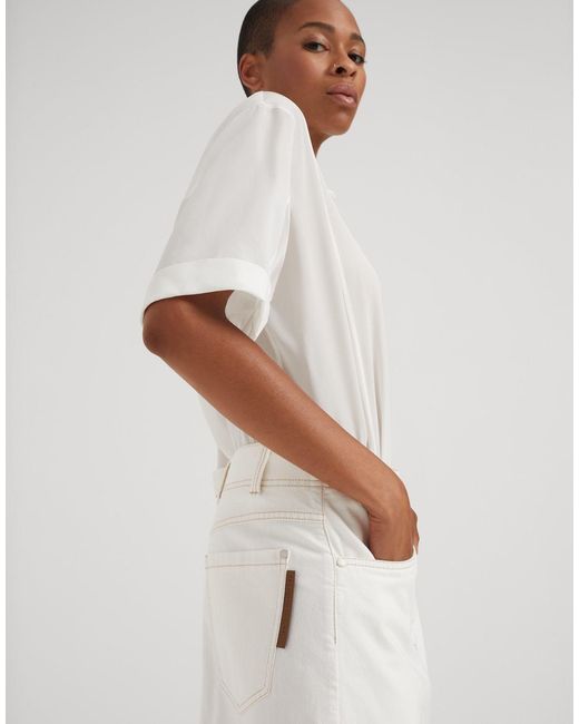 Brunello Cucinelli White High-Waisted Denim Midi Skirt
