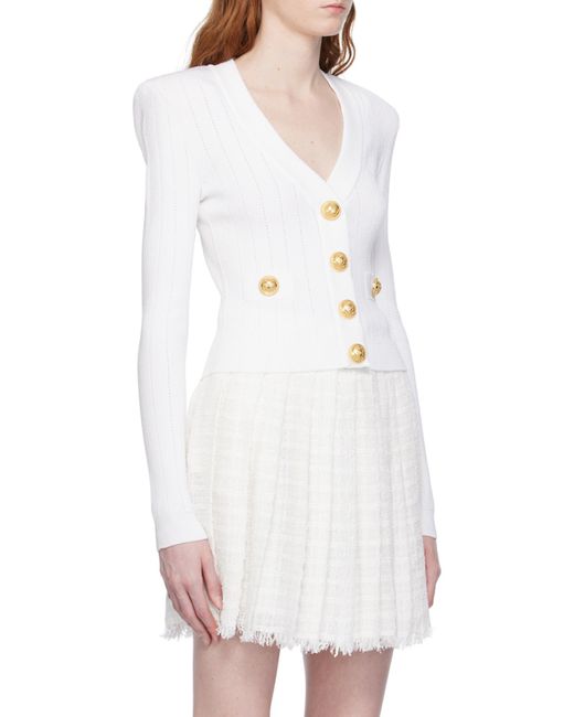Balmain White Button Embellished Ribbed Knit Cardigan