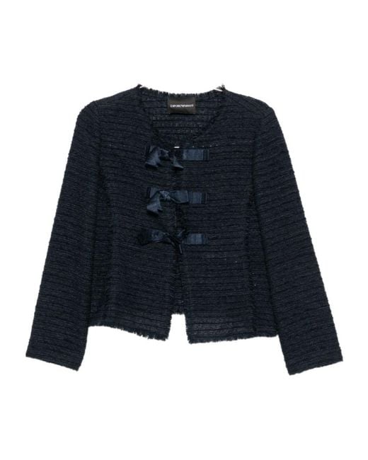 Emporio Armani Blue Bow-Detail Frayed-Edge Jacket