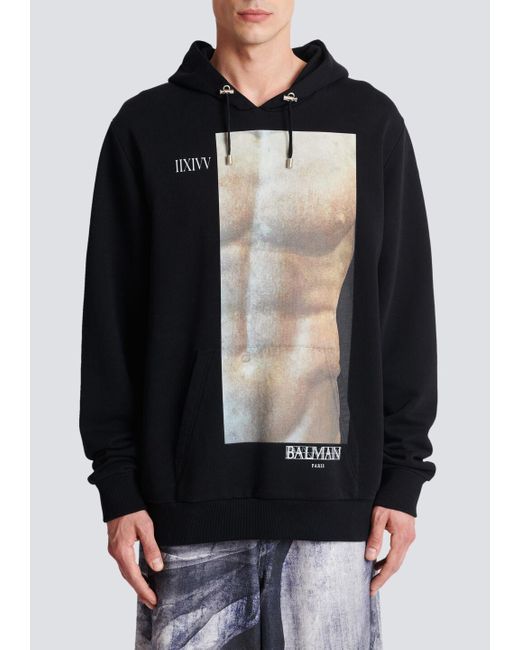 Balmain Black Graphic Printed Drawstring Hoodie for men