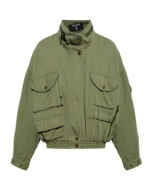Balmain Green Cropped Twill Bomber Jacket