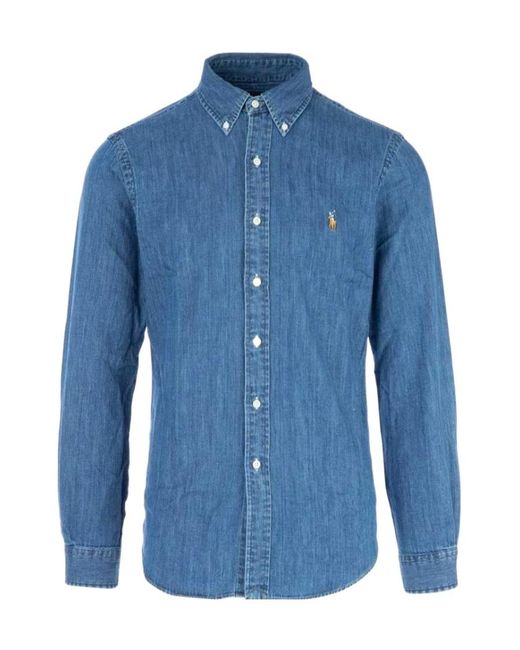 Ralph Lauren Blue Polo Logo Embroidered Denim Shirt for men