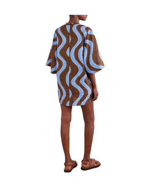 ALÉMAIS Blue Frankie Wave-Print Tie-Neck Mini Dress