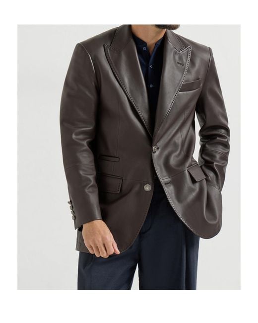 Brunello Cucinelli Blue Peak-Lapels Leather Blazer for men