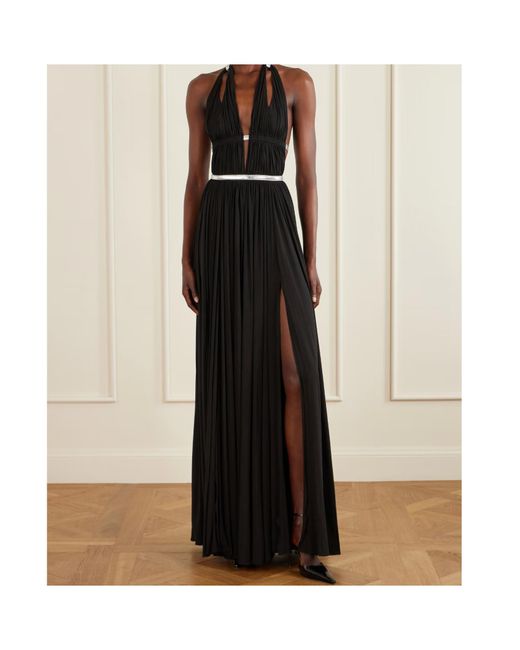 Alaïa Black Metallic Elaphe-Trimmed Pleated Jersey Gown
