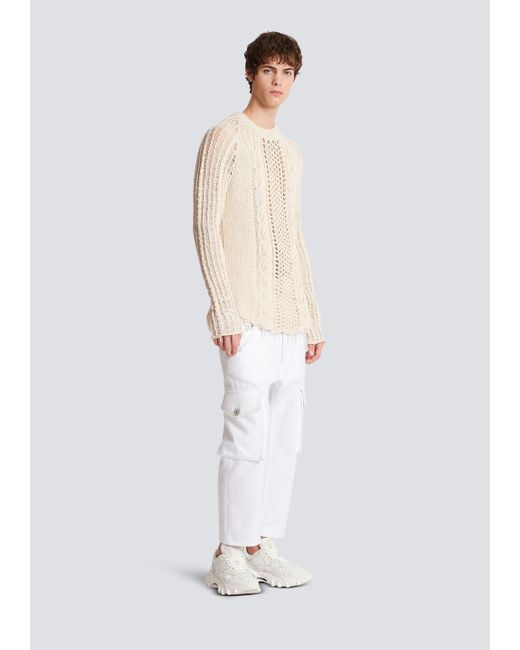 Balmain White Distressed Cable-Knit Jumper for men