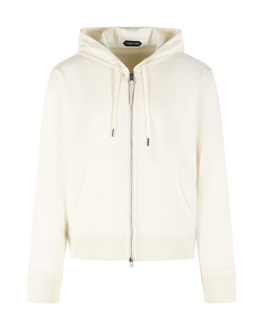 Tom Ford White Zip-Up Knitted Drawstring Hoodie for men