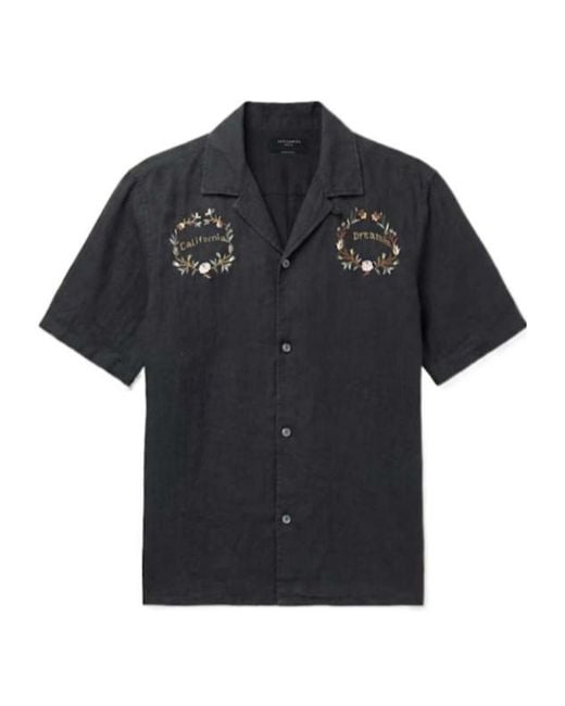 AllSaints Black Klavicle Short Sleeve Linen Embroidered Shirt for men