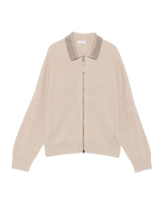 Brunello Cucinelli Natural Collar-Embellished Zip-Up Cardigan