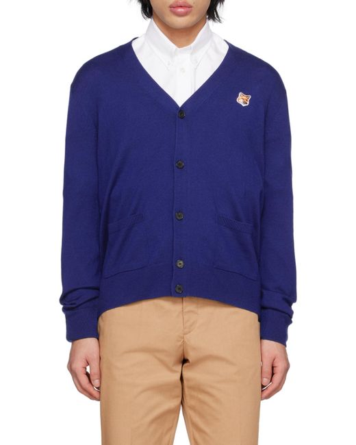 Maison Kitsuné Blue Maison Kitsuné Chillax Fox-Patch V-Neck Cardigan for men