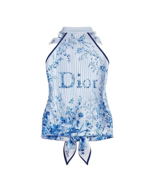 Dior Blue Iviera Toile De Jouy Floral Garden Silk Top