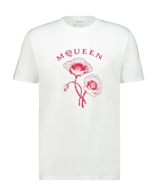 McQueen White Logo Flower Printed Crewneck T-Shirt for men