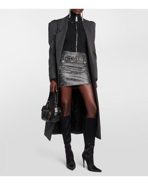 Alessandra Rich Gray Belted Embellished Leather Miniskirt