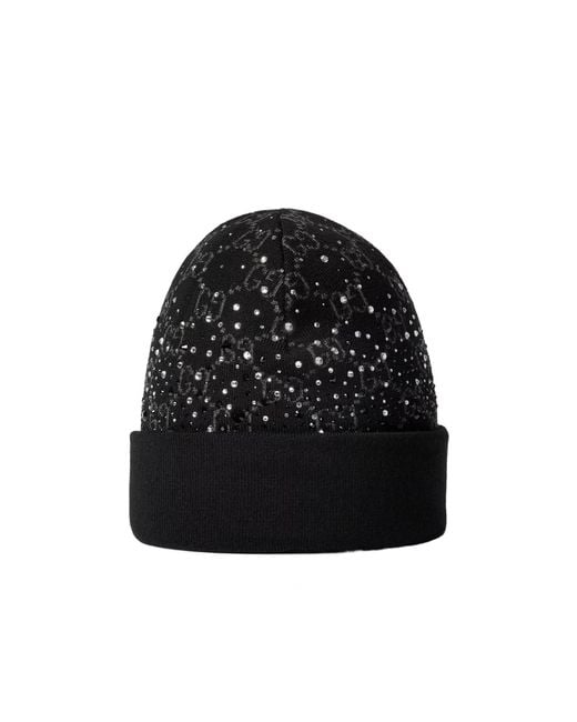 Gucci Black Gg Wool Beanie Hat With Crystals