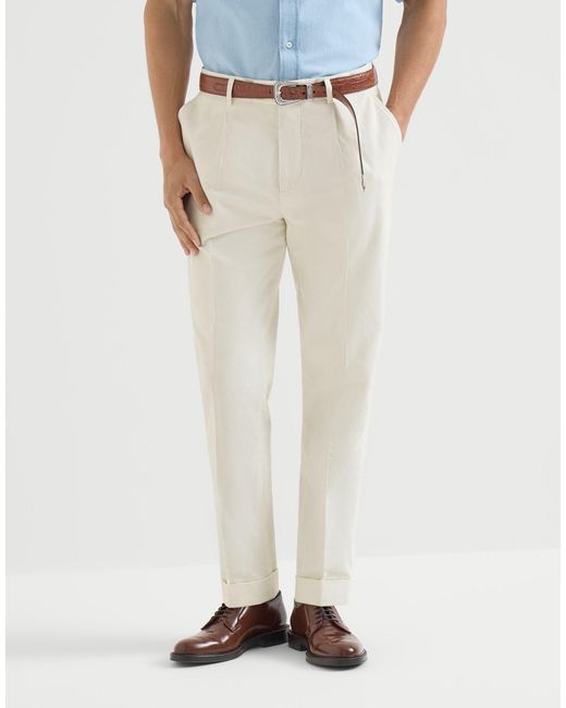 Brunello Cucinelli White Sea Island Cotton Narrow Wale Corduroy Trousers With Pleat for men