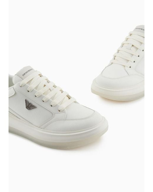 Emporio Armani White Logo Plaque Lace-Up Sneakers for men