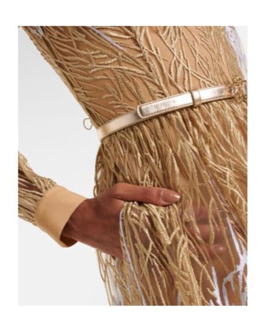 Elie Saab Natural Embroidered Tulle Midi Dress