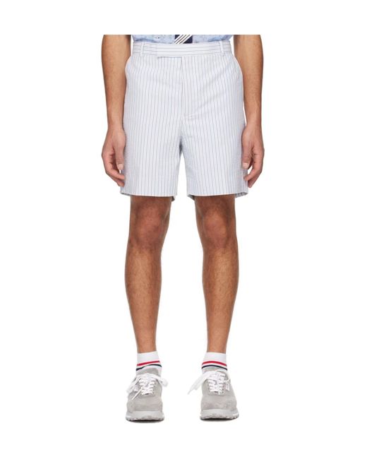 Thom Browne White Logo Tag Striped Seersucker Shorts for men