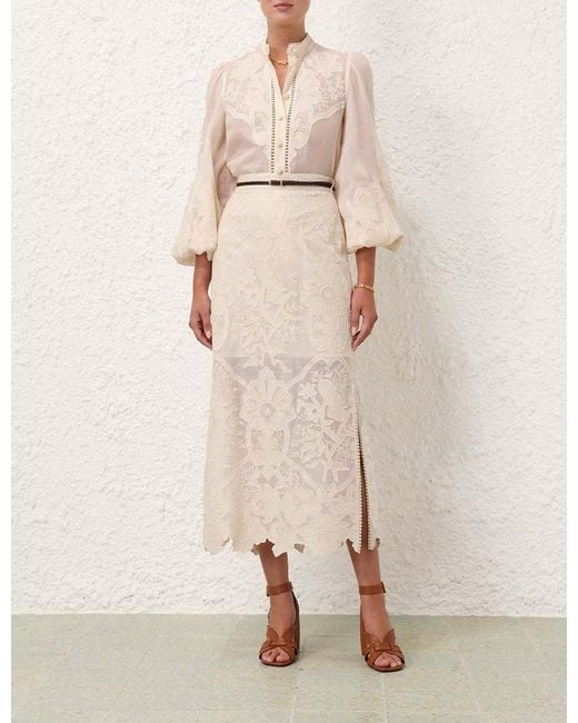 Zimmermann Natural Ottie Floral-Embroidered Midi Skirt