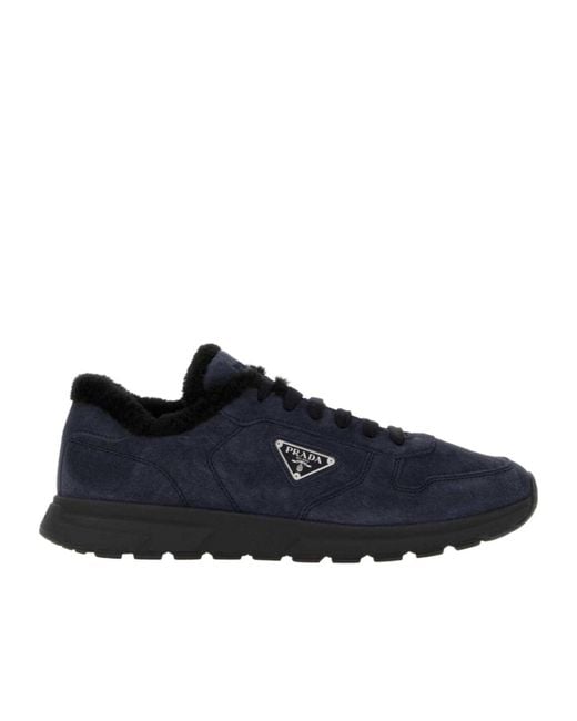 Prada Blue Prax Winter Fur-Lined Low-Top Sneakers for men