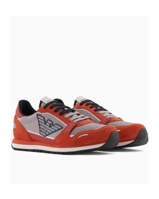 Emporio Armani Red Mesh Sneakers With Suede Details And Eagle Patch for men