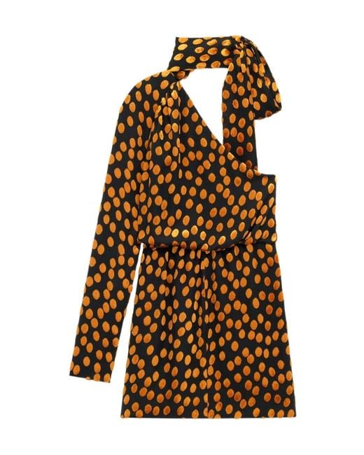 Saint Laurent Brown One-Shoulder Velvet Dotted Dress