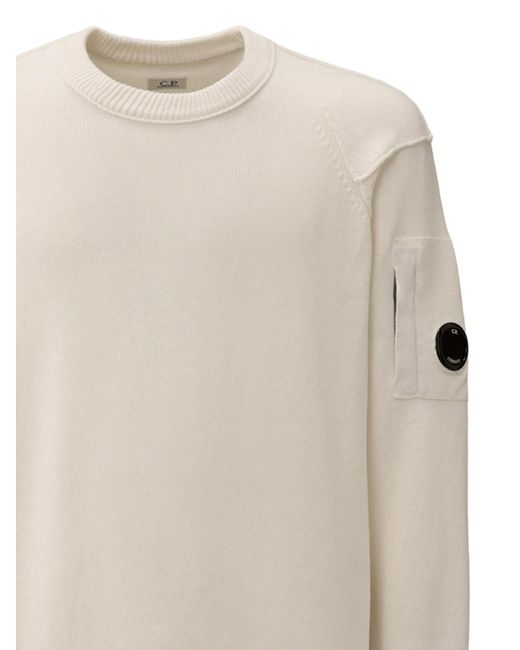 C P Company White Crewneck Lens Jumper for men