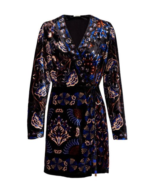 Farm Rio Blue Arabesque Mix Scarves Velvet Wrap Dress