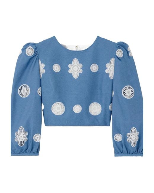 Borgo De Nor Blue Crochet Lace-Trimmed Denim Top