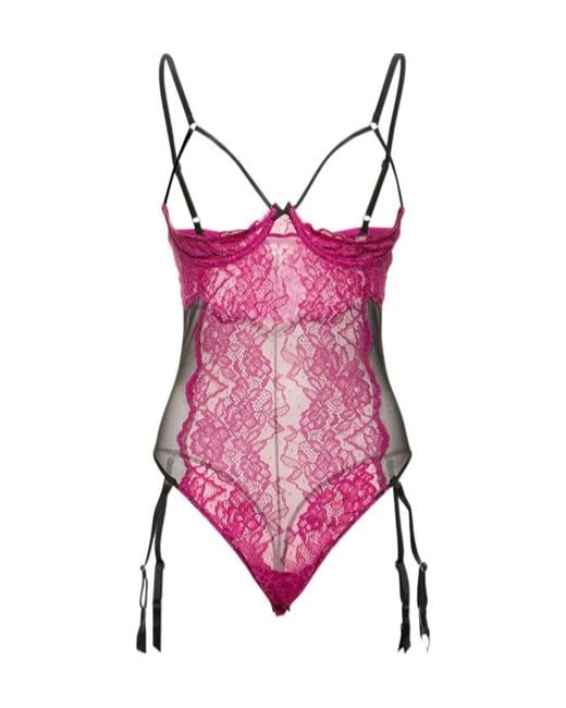 Fleur du Mal Pink Roxy Lace Peekaboo Garter Bodysuit