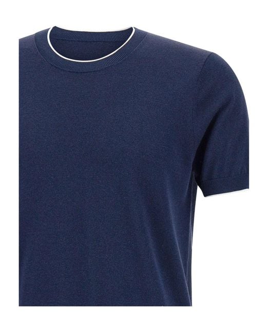 Kangra Cashmere Blue Kangra Contrast Trim Short Sleeve Knitted Top for men