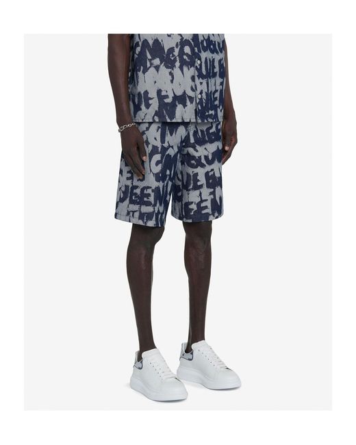 McQueen Blue Graffiti Printed Bermuda Denim Shorts for men