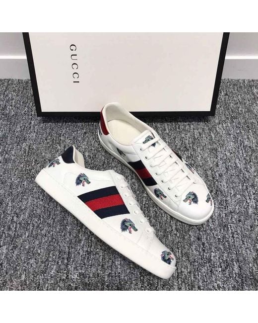 Gucci White Ace Wolf Printed Skate Shoes for men